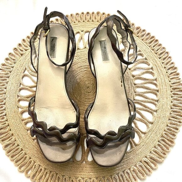 Prada Shoes - Prada Brown Patent Leather Scalloped Open Toe Wedge Sandals Size EU 40.5